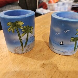 Blue Tropical Palm Candle Holders - Set of 2